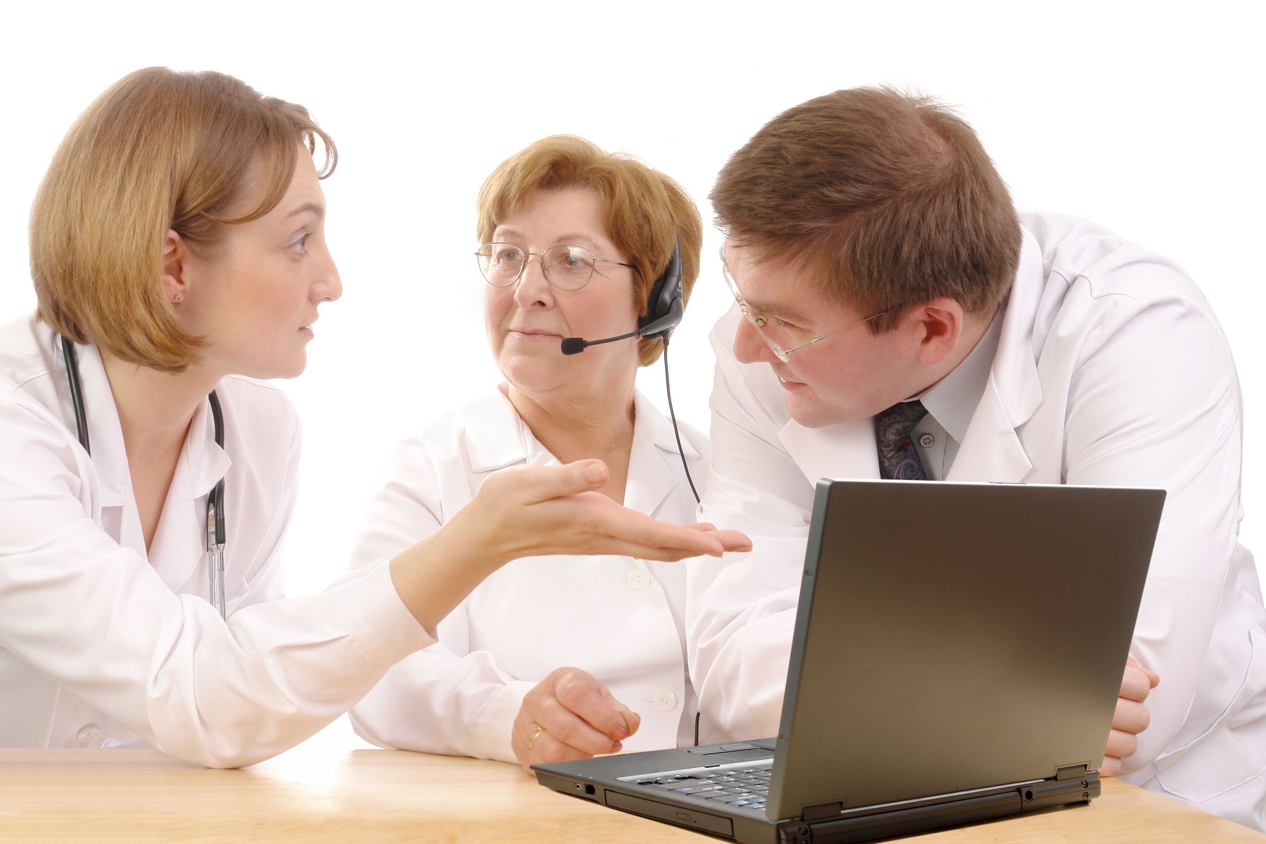 consulting medical problem with senior doctor wearing headset